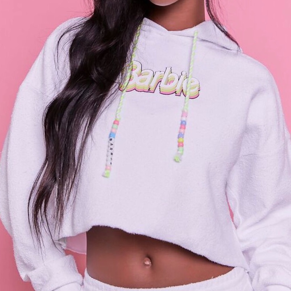 Barbie White Cropped Graphic Beaded Hoodie